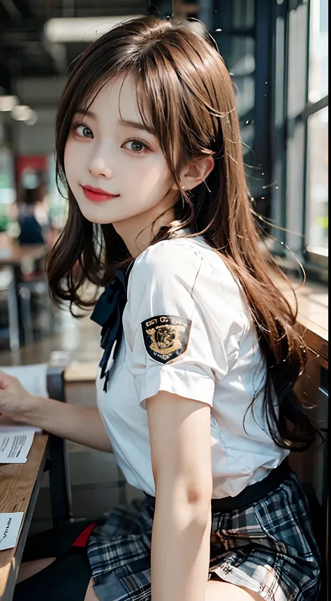 (Raw photography:1.2)、top-quality、a beautiful detailed girl、校服、韓国アイドル、Beautiful facial features、small tits、tiny chest、a miniskirt、JK school uniform、frombelow、a blond、A smile、extremely detailed eye and face、beatiful detailed eyes、huge filesize、hight resolut...