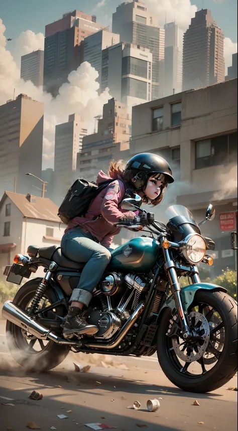 Beautiful lofi girl riding a massive black Harley Davidson motorcycle side view, one black shoe facing camera, dragging tin cans behind, side view, complete view of motorcycle and riding buddies like swiper, long shot, forest and country background, lookin...