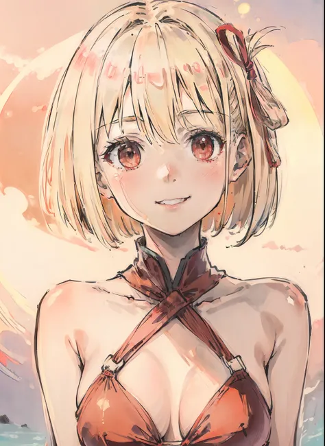 ((facing front:1.5)),Beautiful and cute girl with dazzling smile, 1girl in, Solo, Bob Hare,Red ribbons, platinum-blonde,red eyes, Beautiful detailed eyes, Looking at Viewer, A smile, Portrait,Bikini swimwear, Upper body, tits out, Backlight, shores