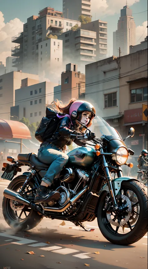 Beautiful lofi girl riding a massive black Harley Davidson motorcycle side view, one black shoe facing camera, dragging tin cans behind, side view, complete view of motorcycle and riding buddies like swiper, long shot, forest and country background, lookin...