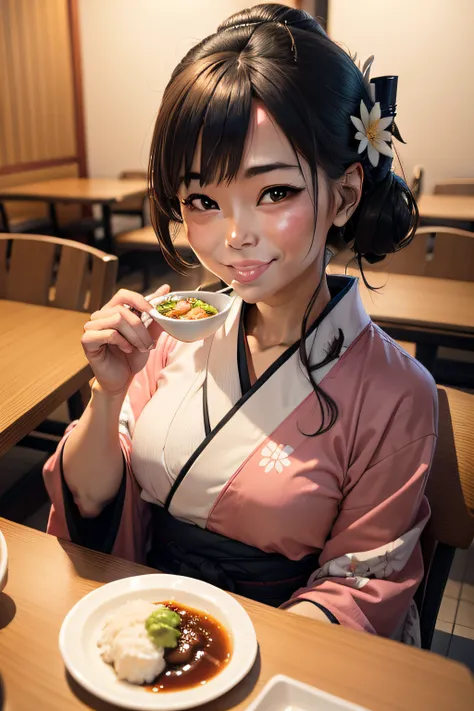 A smiling woman wearing a kimono is eating deliciously at Coco Ichibanya