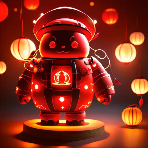 a modern red fat robot decorated with a bow, wearing a hat, holding a brightly lit lantern, on the background depicts the Mid-Autumn Festival atmosphere, best quality