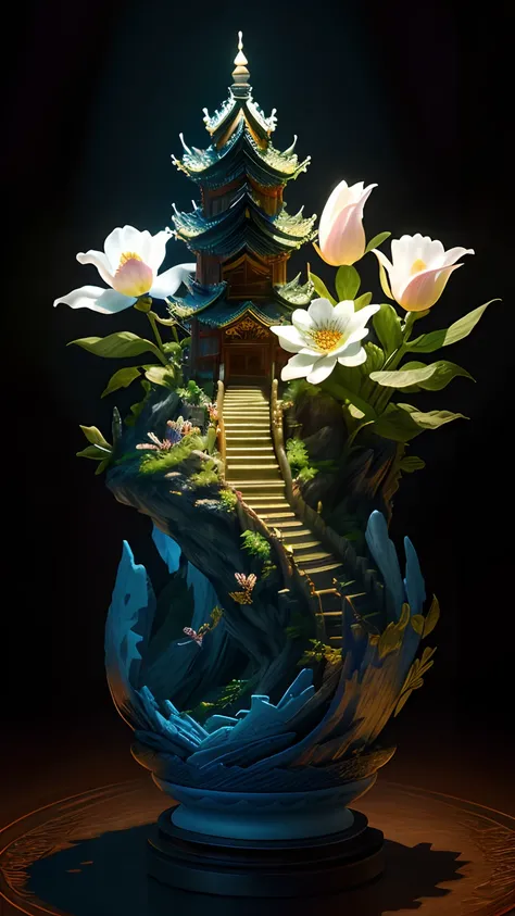 best quality, realistic, photorealistic,  ultra detailed, "Mountain of Flower and Fruit+Fairy+Chinese Architecture" highly detailed carving on "southern ice" porcelain,Ultra wide angle,Accent Lighting,Volumetric Lighting,backlighting, (detailed light),((an...