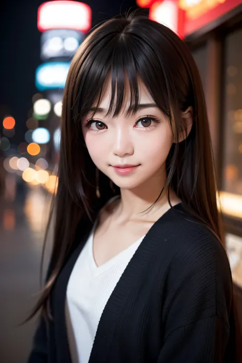 studio lights、depth of fields、The upper part of the body、A slender、cute  face、A smile、Beautiful detail eyes、Japan 19 years old、cute little、Voluminous straight hair in warm black color、plaza、rcasual 、Tokyo Tower、