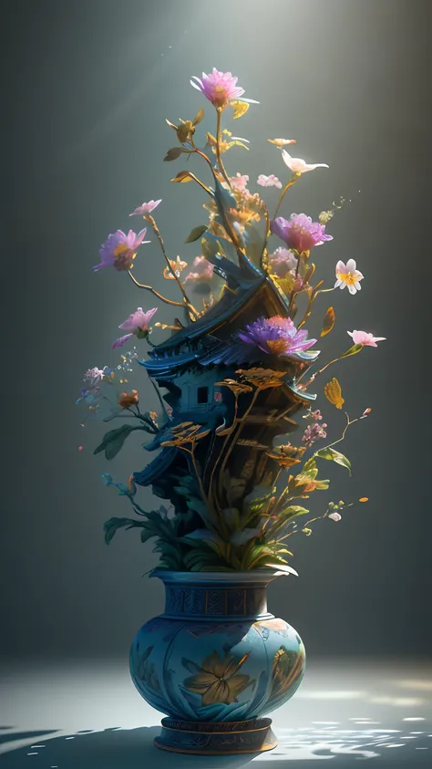 best quality, realistic, photorealistic,  ultra detailed, "Mountain of Flower and Fruit+Fairy+Chinese Architecture" highly detailed carving on "southern ice" porcelain,Ultra wide angle,Accent Lighting,Volumetric Lighting,backlighting, (detailed light),((an...