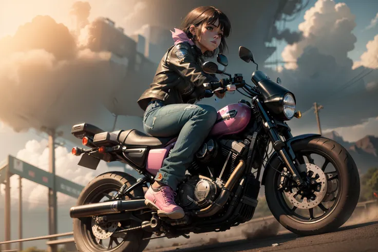 Beautiful lofi girl riding a massive black Harley Davidson motorcycle side view, wearing a pink tee shirt and blue jeans shorts, one black shoe facing camera, dragging tin cans behind, side view, complete view of motorcycle and riding buddies like swiper, ...