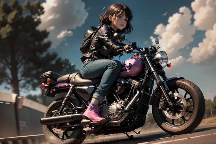 Beautiful lofi girl riding a massive black Harley Davidson motorcycle side view, wearing a pink tee shirt and blue jeans shorts, one black shoe facing camera, dragging tin cans behind, side view, complete view of motorcycle and riding buddies like swiper, ...