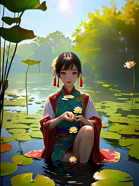 close up portrait of a cute chinese girl picking lotus and touching fish in a lotus pond，schools of fish catch fish ， realistis，...