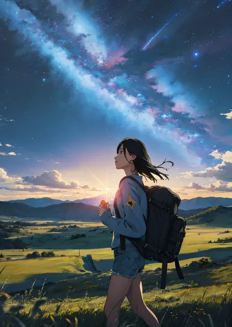 The vast starry sky, the beautiful skyline, the vast grasslands, the extremely tense and dramatic pictures, the moving visual effects, the high-hanging Polaris, and the colorful natural light. A long-sleeved top, denim shorts, and a girl with a backpack.