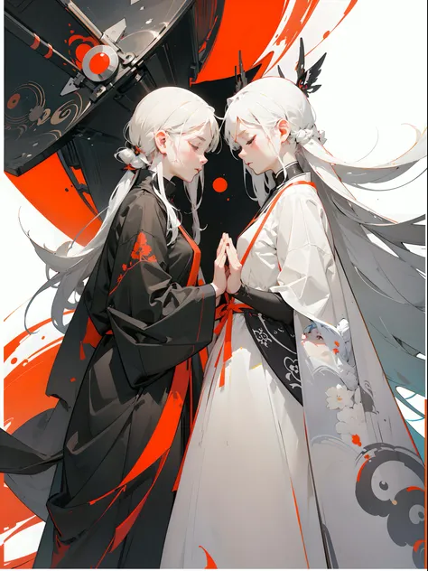 two girls, white hair, close eyes, praying, in the style of figurative minimalism, warm color palette, utilitarian, organic shapes and lines, illustration, danish design, facing front, wild background, flat illustrations --ar 9:16 --niji 5 -