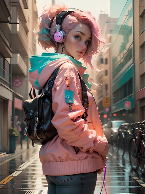 ((Best quality)), ((masterpiece)), ((realistic)) and ultra-detailed photography of a 1nerdy girl with neon headphones. She has ((pink hair)), is wearing an orange techwear jacket, and exudes a ((beautiful and aesthetic)) vibe.