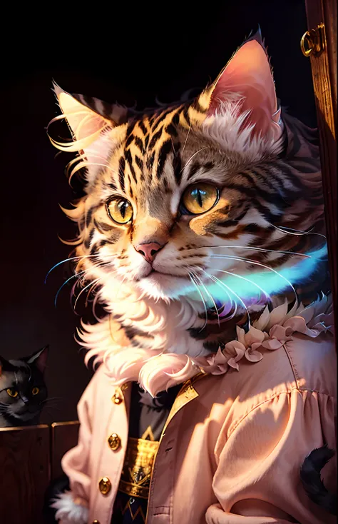 ((A cat in clothes)),，Full shot，Fluffy hair, Anthropomorphic expressions, Rich colors, Exquisite details, Masterpiece, Realistic，artsation, CG, Realistic, illusory engine , Real light and shadow, Beautiful rich colors, Amazing details, High quality，A pair ...