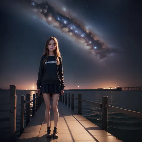 Portrait of s beautiful girl standing on a dock at night she waers. Starry night as background