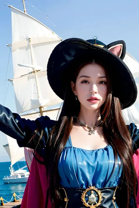 female cat furry, fantasy medieval pirate, saber in a hand, bandana, pirate hat, cocked hat, on a ship, sails, ocean and sky on ...