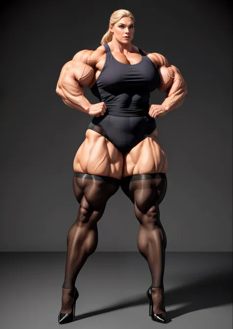 tmasterpiece，（Full body like:1.1），Burly woman，Exaggerated large muscles，Beautiful and charming Nordic woman face，Show off your thigh muscles，black lence stockings，high-heels，1female，Thin waist，Very broad shoulders，Huge latissimus dorsi， Oversized muscles，S...