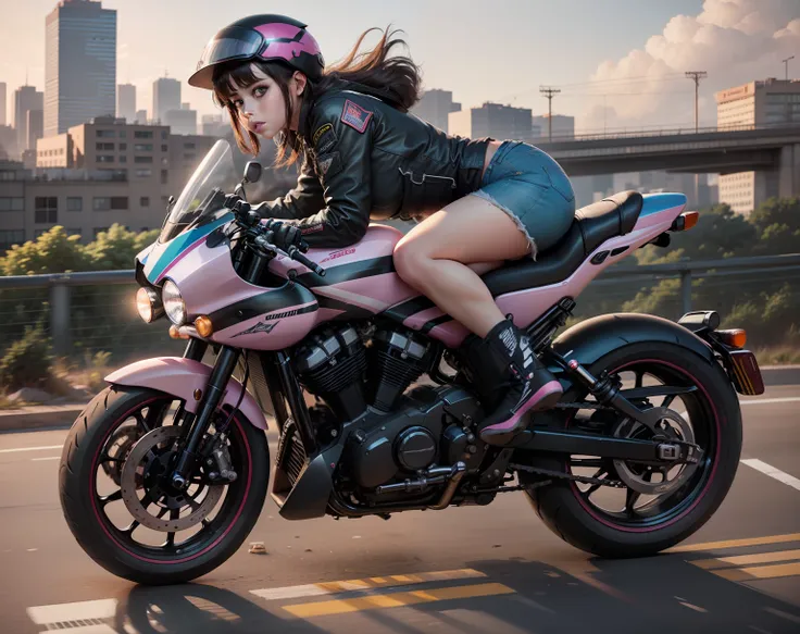 Beautiful lofi girl riding a massive black Harley Davidson motorcycle side view, wearing a pink tee shirt and blue jeans shorts, one black shoe facing camera, dragging tin cans behind, side view, complete view of motorcycle and riding buddies like swiper, ...