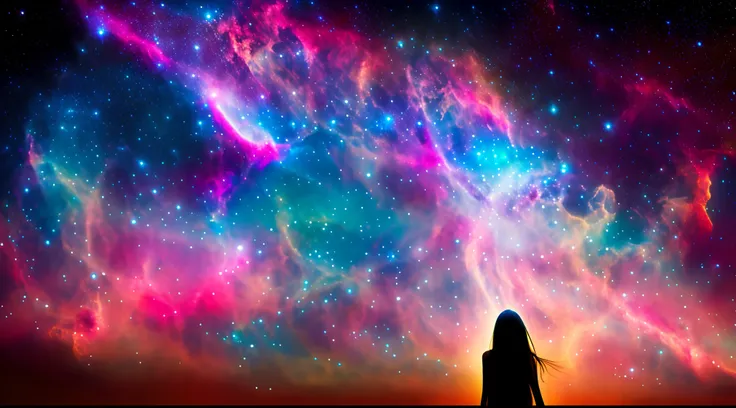 1girl is hands together, focus face up, hair lighting, translucent very long messy upper direction nebula-sky hair, night, ultra quality,