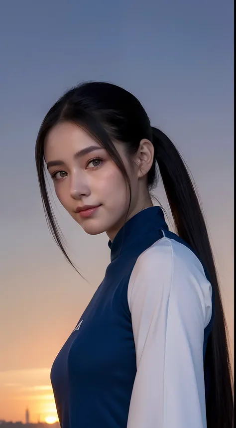 1girll,Fake smile,Double ponytail hair,At dusk,deepshadow，Tifa looks，perfect bodies，Beautiful background，Blue eyes，Tang style Hanfu，Sporty hair，