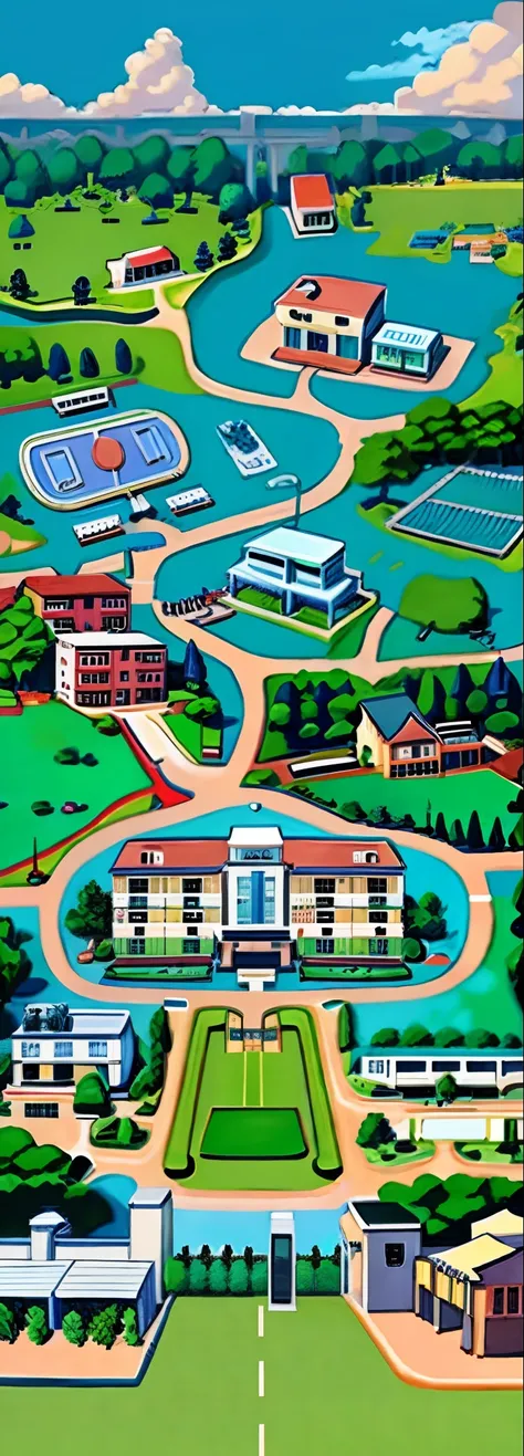 Cartoon illustration of school campus map with pond and tennis court, town center background, town background, highschool background, Detailed 2D illustration, small town surrounding, residential area, aerial illustration, Isometric map, Game map, Top view...