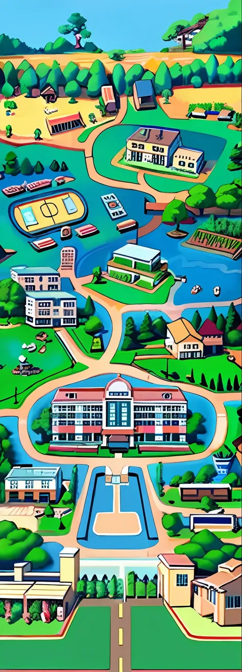 Cartoon illustration of school campus map with pond and tennis court, town center background, town background, highschool background, Detailed 2D illustration, small town surrounding, residential area, aerial illustration, Isometric map, Game map, Top view...