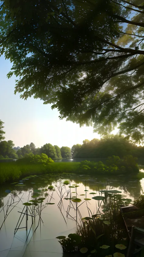 there is a boat that is sitting in the water, calm afternoon, sunlight reflected on the river, filtered evening light, near pond, The camera angle is low at the water level, overgrown with aquatic plants, taken with sigma 2 0 mm f 1. 4, shot on nikon d 3 2...