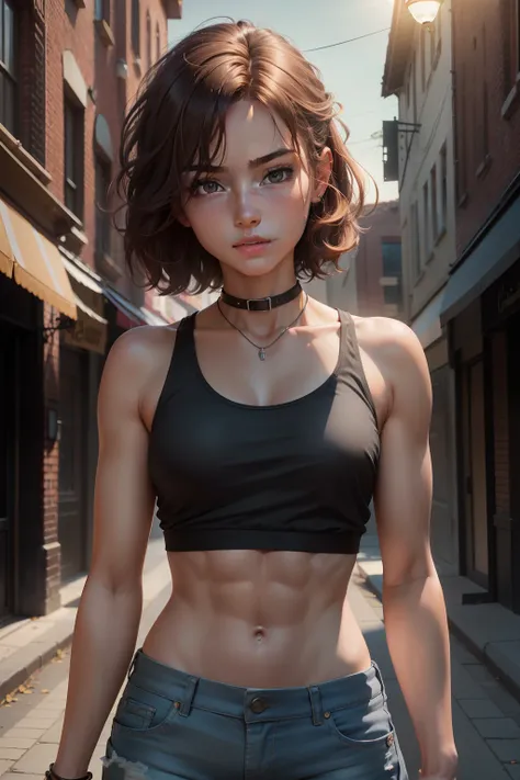 ((medium breast, tomboy girls, small head)), daylight, sunlight, (chiseled abs : 1.1), (perfect body : 1.1), (short wavy hair : 1.2) , auburn hair, collar, chain, full body shot, crowded street, wearing black tanktop, jeans jacket, ((shorts)), (extremely d...