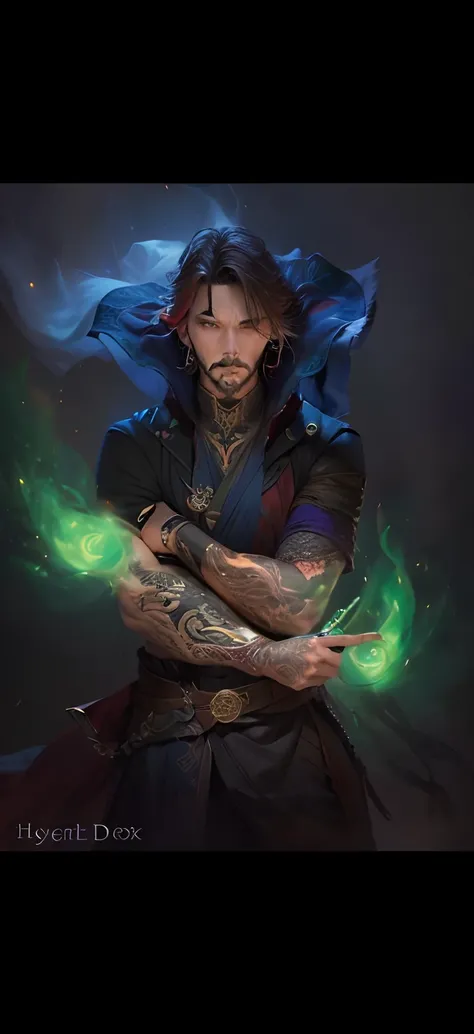 a man with doctor strange magical seals tattoos as a dnd character, full body dnd character portrait hyper realistic