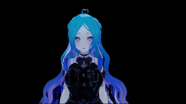 anime ghost girl, very white skin, long blue and purple hair, black victorian dress with cleavage, big breasts, ((masterpiece)), ((high resolution)), kawaii cemetery background