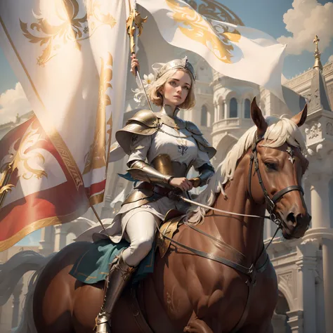 (((Fleur-de-lis))) a dynamic image of Joan of Arch with short (bobbed) hair, wearing white armor with a red cross emblazoned on the chest-plate, riding a Rearing white horse who is standing, holding aloft a branner flag depicting the (((Fleur-de-lis))), li...