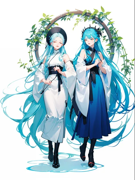 two girls, white and blue hair, close eyes, praying, style of figurative minimalism, warm color palette, utilitarian, organic shapes and lines, illustration, danish design, facing front, wild background, flat illustrations --ar 9:16 --niji 5 -