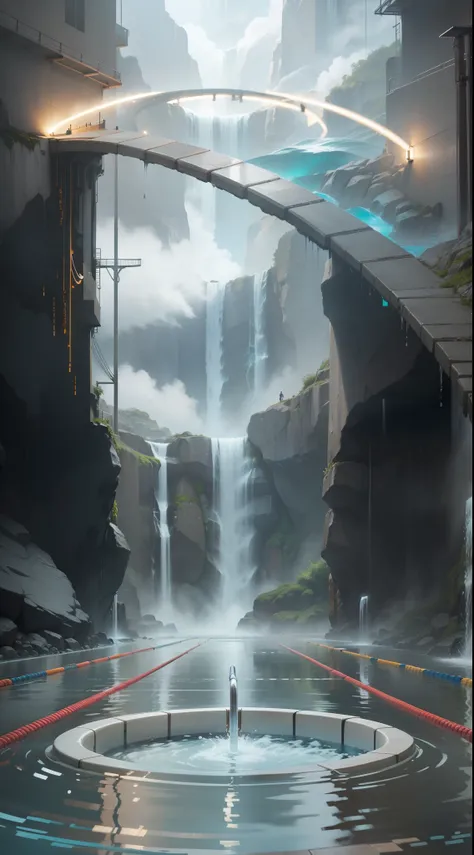 At the bottom is the swimming pool，Professional track，The background is a waterfall，water flowing，Splashing waves，Realisticstyle，Realiy，keyframe，An arrow in the air made of water，Strong sense of three-dimensionality，a sense of atmosphere，Strong sense of sp...