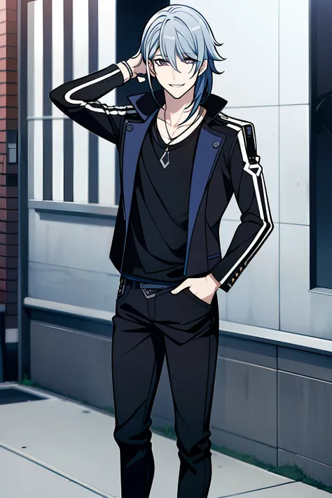 Ayato, Dressed in a black Modern street style jacket , under it he wears a Dark blue T-shirt , a Black Modern street style Jeans , Modern street style Silver and blue colored sports boots , Smiles