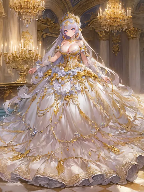 ((anime artstyle)),(Masterpiece),(Best Quality), (Super Detail),((Very Delicate and Beautiful)),(((Solo))),((full body portrait)),(((1 princess in gorgeous rococo princess ballgown with voluminous full length hoop skirt))),((crinoline)),Long train,in the r...