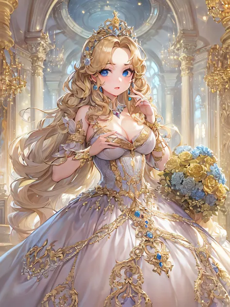 ((anime artstyle)),(Masterpiece),(Best Quality), (Super Detail),((Very Delicate and Beautiful)),(((Solo))),((full body portrait)),(((1 princess in gorgeous rococo princess ballgown with voluminous full length hoop skirt))),((crinoline)),Long train,in the r...