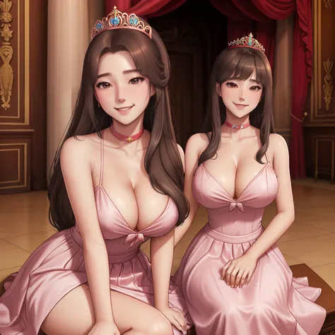 girl,Princess,long wet ponytail brown hair,diamods crown,he tall,sexy pose dynamic princess,super big breast,(P cup),age 17,cheerfull,happy and smile detailed face,sexy long princess clothes and long skirt outfit,full body,red peach lips,sitting on royal p...