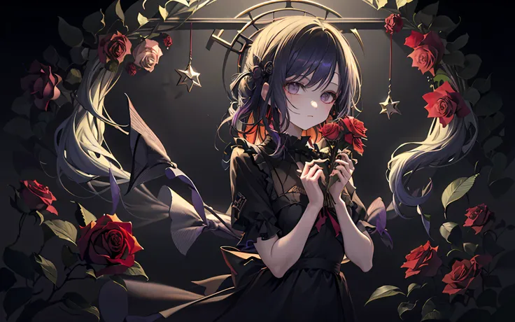 (Need,tmasterpiece), (1girl, solo, blackdress, are standing, looking at viewert, The color hair, purpleeyes, Roses in hand, The upper part of the body), (Red dream catcher net behind it, Red flowers,,starrysky)