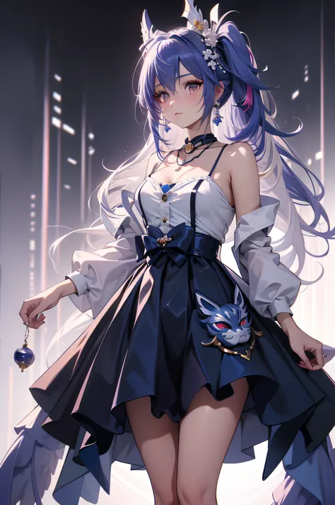 High definition image quality, magical girl, (asymmetric hair, side ponytail, blue), cute, dreamy, exquisite and complex hair accessories, in the clouds, full body, The characters are on the lower side, white hair, gradient eyes, tengu mask, bead necklace,...