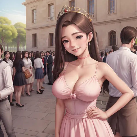 girl,Princess,long wet ponytail brown hair,diamods crown,he tall,sexy pose dynamic princess,super big breast,(P cup),age 17,cheerfull,happy and smile detailed face,sexy long princess clothes and long skirt outfit,full body,red peach lips,standing on royal ...