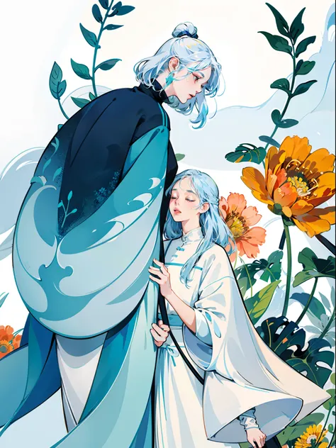 two girls praying, white and blue hair, close eyes, style of figurative minimalism, warm color palette, utilitarian, organic shapes and lines, illustration, danish design, facing front, bright light, bright color, realistic light and shadow, wild flowers b...