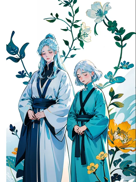 two girls praying, white and blue hair, close eyes, style of figurative minimalism, warm color palette, utilitarian, organic shapes and lines, illustration, danish design, facing front, bright light, bright color, realistic light and shadow, wild flowers b...