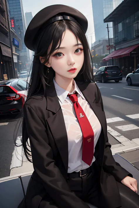 Eunhwa (NIKKE)、Ultra-realistic 16K CG、(Future:、erfect artwork、​masterpiece、futuristic cities、futuristic era、mechanic、Fantasia)、In the background of a futuristic abandoned city、((细致背景)) a 20 yo woman、Slender muscular body、tiny chest、stunningly beautiful、Hol...