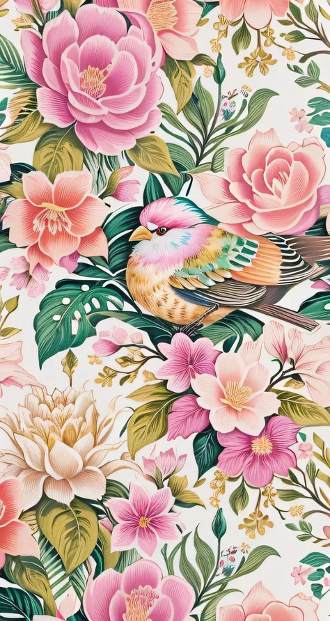 Floral print fabric close-up with bird, Fondo pintado floral, floral patterned skin, gilded. Floral, floral explosion, Floral!, large opaque blossoms, botanical rainbow backdrop, Floral details, floral patterns, floral bling, boho floral vines, with colorf...