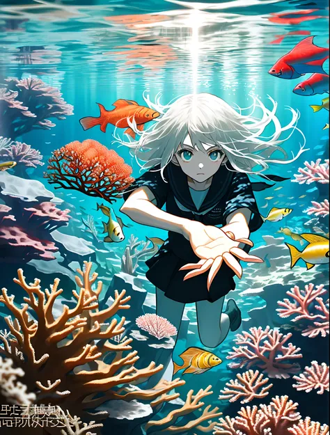 In the ocean, surrounded by coral reefs, sunlight penetrates the surface and enters the seabed, schools of fish, white-haired girl, perfect body, perfect fingers, perfect face, blue short sleeves