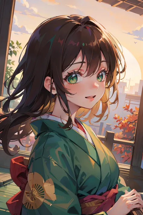 (masterpiece), best quality, beautiful detailed hair detailed face, ultra high res, sharp focus, ((1 woman, solo)), perfect feminine face, upper body, medium close-up, dutch angle, (at the evening time:1.5), in the japanese festival, ((beautiful shape eyes...