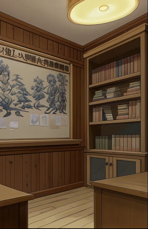 anime, classroom interior, white board, wooden desk, posters on the wall, large window, shelves with books and statues, scientif...