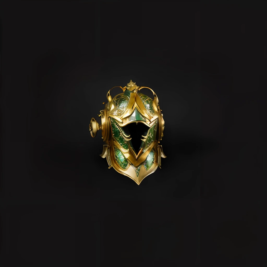 There is a golden helmet，There is a green streamer on it, golden helmet, Golden armor, league of legends inventory item, gold armor, Light gold armor, Brass armor, sleek gold armor，Hyper-realistic style，of a real