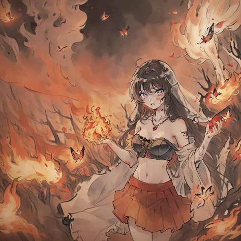 ((((ink))))，((watercolor))，((best quality))，(spirit),((illustration))，(((1 girl)))，(beautiful detailed eyes)，world masterpiece theater,depth of field，(Burning forest)，spark，anime face，Black gauze skirt，(red_hair)，blue_eyes，focus_on_face,medium_breasts，((((...