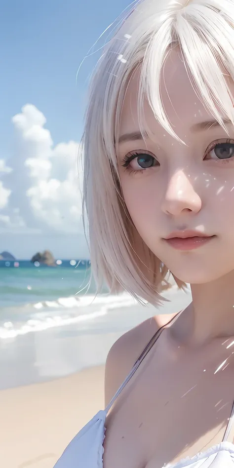 realistic, 1girl, white hair, purple eyes, bikini, beach, light particles, light rays, wallpaper,