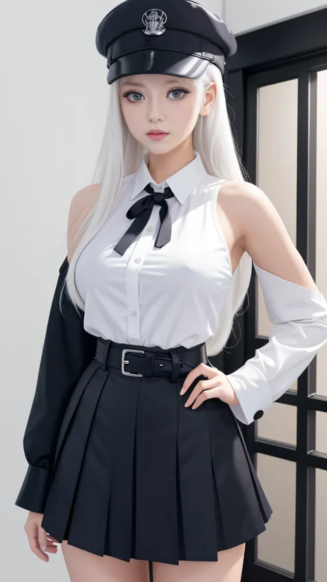 {masutepiece},{Best Quality},{1girl in},(Facing_viewer:1.4),White hair,bright white hair,Long hair,Upper body,extremely delicate and beautiful girl,/Beautiful detailed purple eyes:1.2/,dishevled hair, youthfulness,Mature Face,sharp_Eyes,/((white_navy_hat:1...