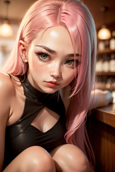 25 year old woman，sitting in a bar，(8K, 4K, Best quality, A high resolution, 超A high resolution:1.1), (Masterpiece, Realistic, photo-realistic:1.1), 1girll, face, Close-up, double tails, Pink hair, Red lips, (Looking in the audience：2），Absurd long hair，lon...